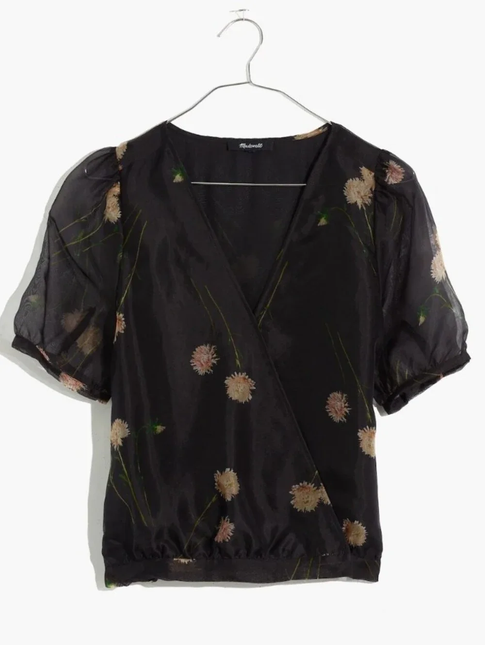 Madewell FIRE! NWT! Silk Organza Puff Sleeve Wrap Top in Aster Portrait. Sz Sm.